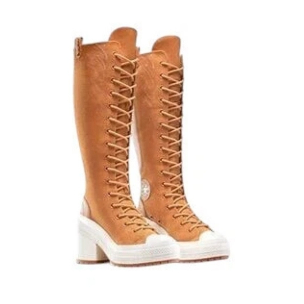 Knee-High Lace-Up Platform Boots in Tan